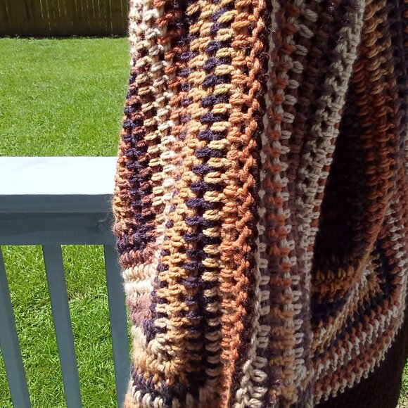 Hand crafted crochet hexagon cardigan, size Large, color brown, tan and rust. - Picture 5 of 6